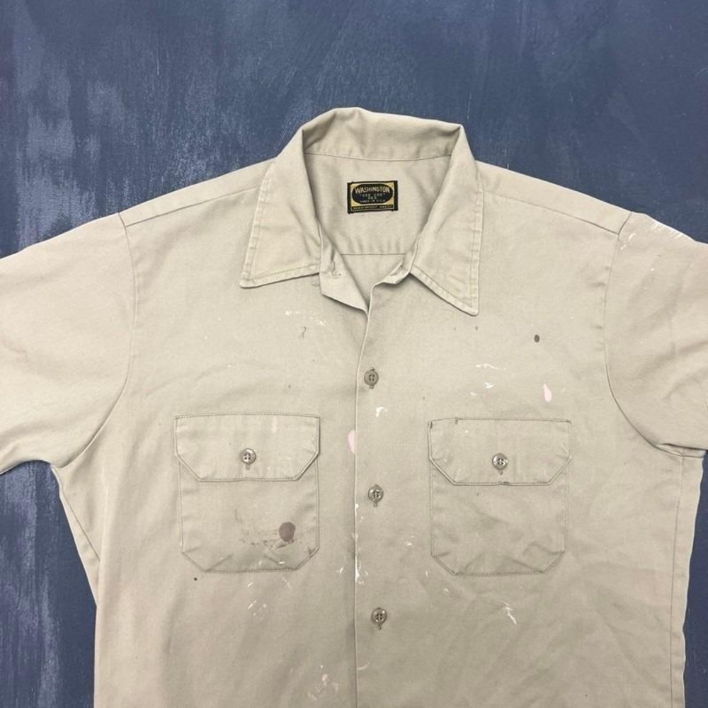 Vintage Washington Dee Cee Button Up Shirt Mens Large Beige 1960s Cotton - Picture 2 of 7